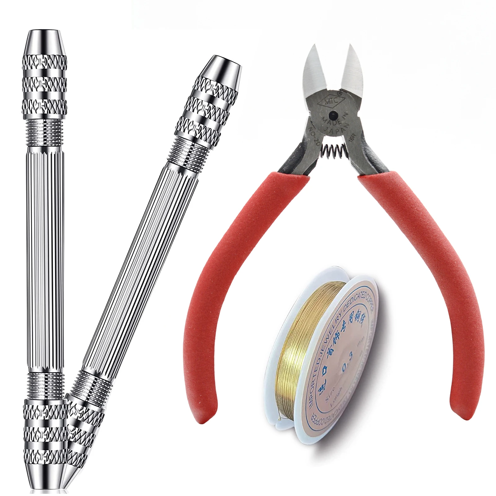 Jewelry Tool Set – 1pc Mini Double-Ended Pin Vise, 1pc Red Wire Cutter Pliers & 1pc Copper Wire Tool