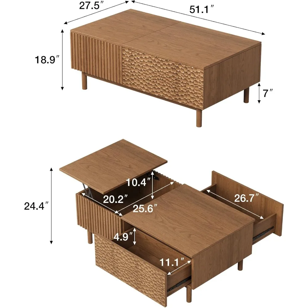 51.1 Mid-Century Modern Lift Top Coffee Table, Walnut Rectangular Center Table with Hidden Storage, Drawers & Sturdy Wooden Legs