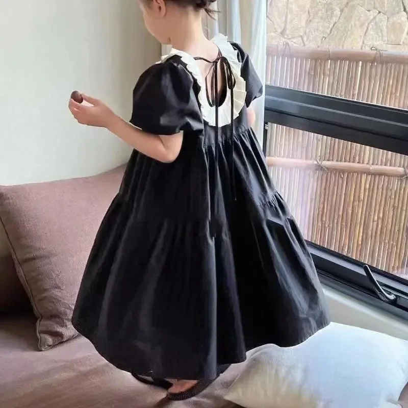 

Korean Style Girl's Petal Round Neck Dress 2024 Summer Solid Color Bubble Sleeve Layered Edge Dress for Children's