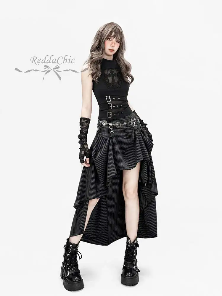 REDDACHiC Gothic Cross Tank Top Bustle Skirt Women Set Punk Lace Hollow Mock Neck Top Hi-Lo Skirt Party Music Festival Outfits view 4