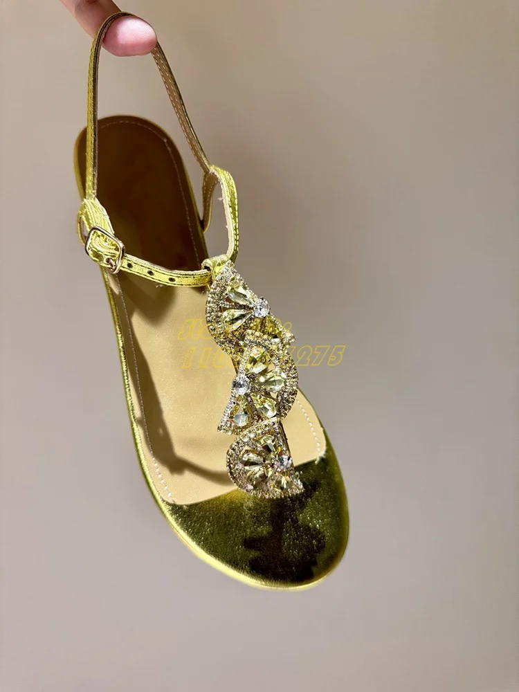 Yellow Rhinestone Flat With Sandals T Strap Flip Flop Ankle Buckle Strap Crystal 2024 Top Quality Runway Dress Shoes