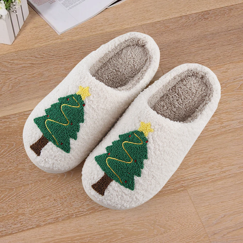 クリスマスツリーぬいぐるみスリッパ 暖かいスリッポンハウスシューズ 滑り止め ふわふわホームスリッパ 毛皮のようなクリスマスツリースリッパ 秋冬用