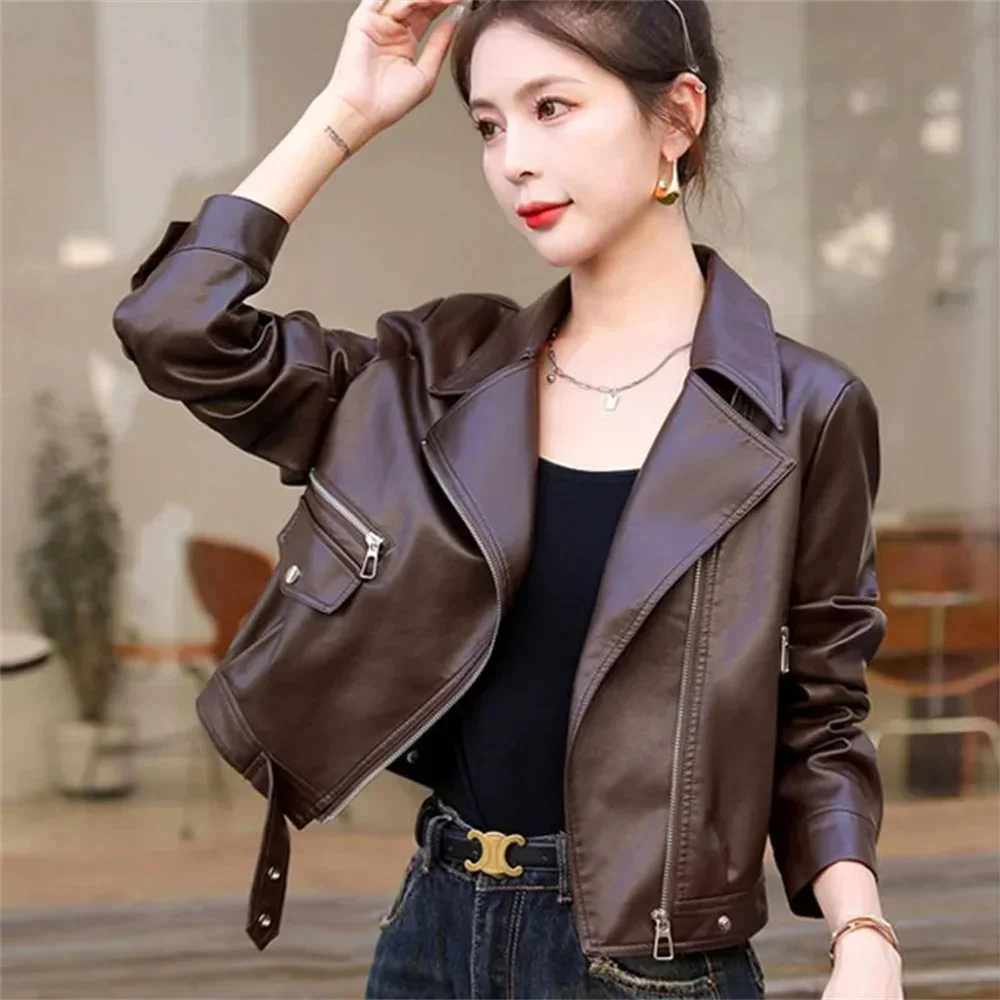 

2025 Spring and Autumn Woman New Casual Short Leather Jacket Women's Motorcycle Robe Popular Small PU Leather Suit Collar Jacket
