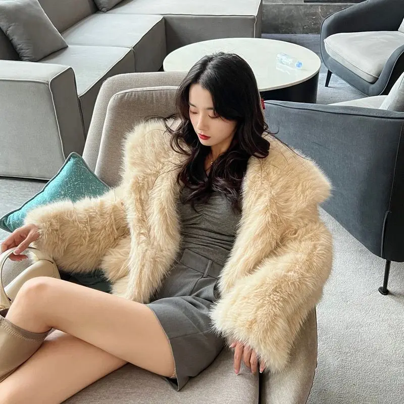 Fox-Like Fur Jacket Women Navy Car Collar Mao Mao Tops 2023 Autumn Winter New Warm Woven Fur-Like Jackets Female Short Overcoat