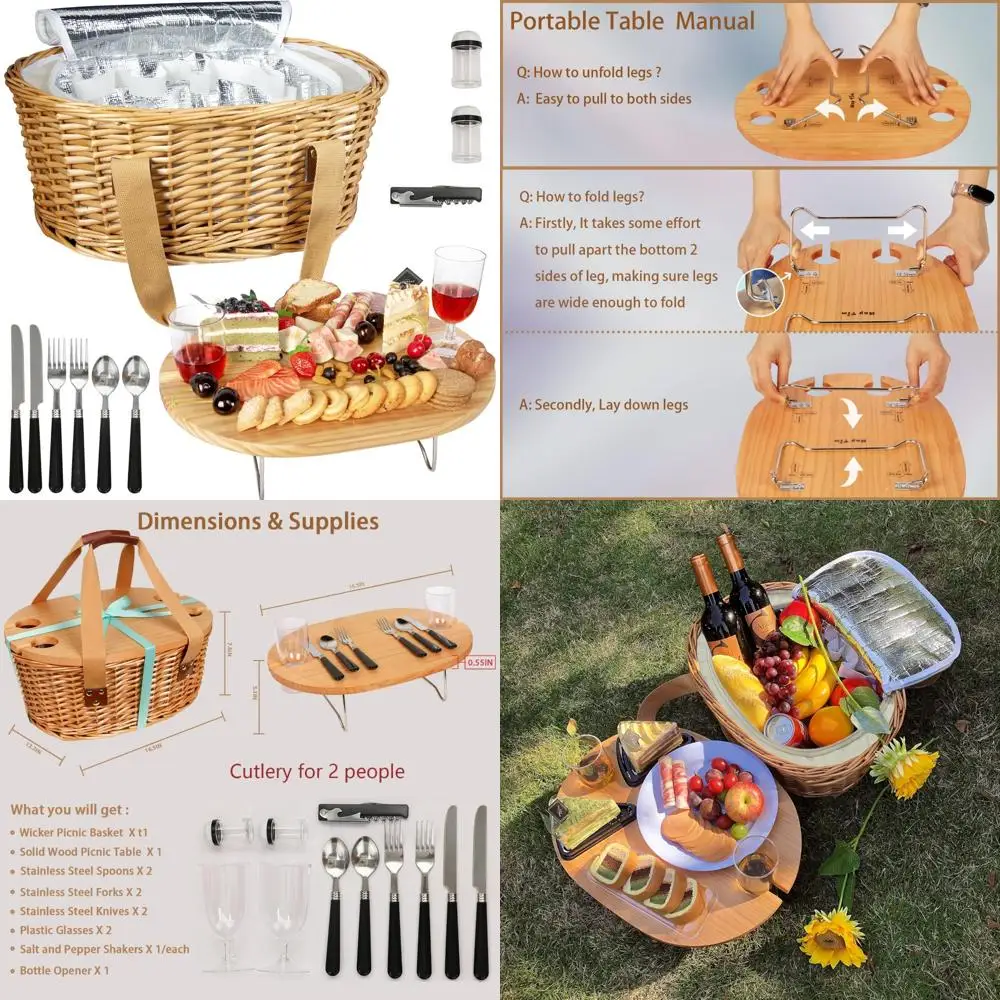 

hap tim wicker picnic basket set for 2 with mini folding wine picnic table & large insulated cooler bag & cutlery service kits f