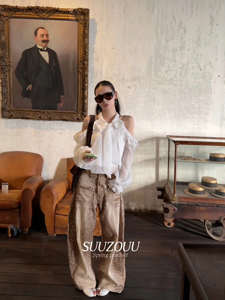 

SUUZOUU2026 Новинка! Элегантная женская блузка с открытыми плечами и кружевной отделкой, длинный рукав, шифоновый топ с узлом, коллекция «Ранняя весна»