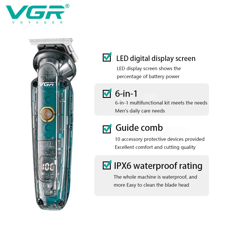 VGR Professional Hair Clipper Multi Functional Carving Hair Clipper Electric Push Men\'s IPX6 Six in One Hairs Clippers V-102