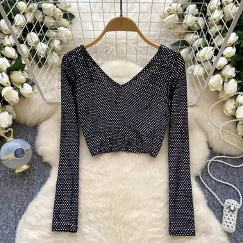 Vintage V-neck Elegantní flitrovaný šik dlouhý rukáv Slim skládaný crop top Dámské korejské módní streetwear High Street podzimní halenka 10 nejlepší prodej halenka s flitry - №6