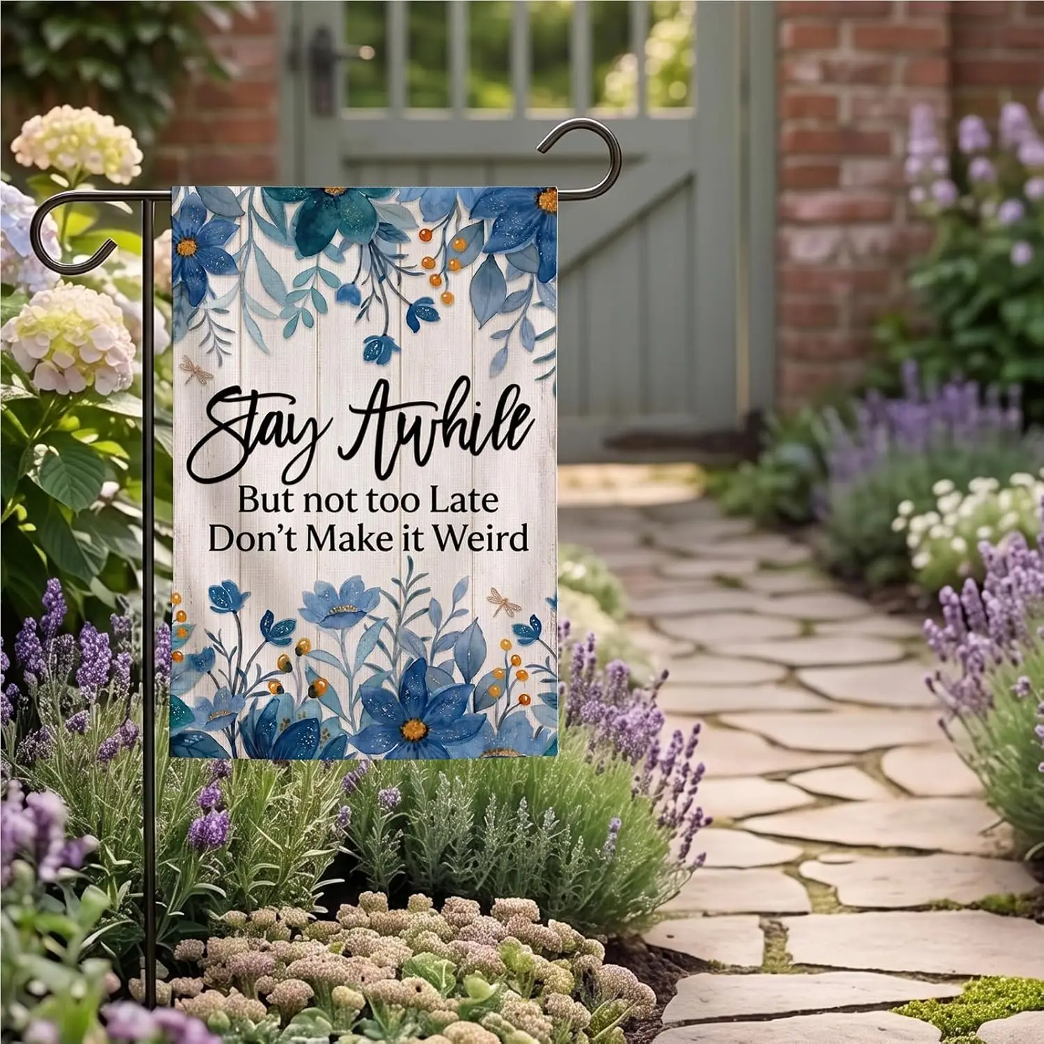 Stay Awhile Garden Flag 12x18 Double Sided - Upgraded Thick Burlap Spring Summer Yard Flags for Outside - Floral Welcome Out cci