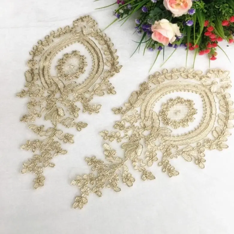 2 Pieces 30*15cm Embroidered patches Light Gold Guipure Lace Sewing lace for dress Applique DIY Bridal Headdres Lace Collar