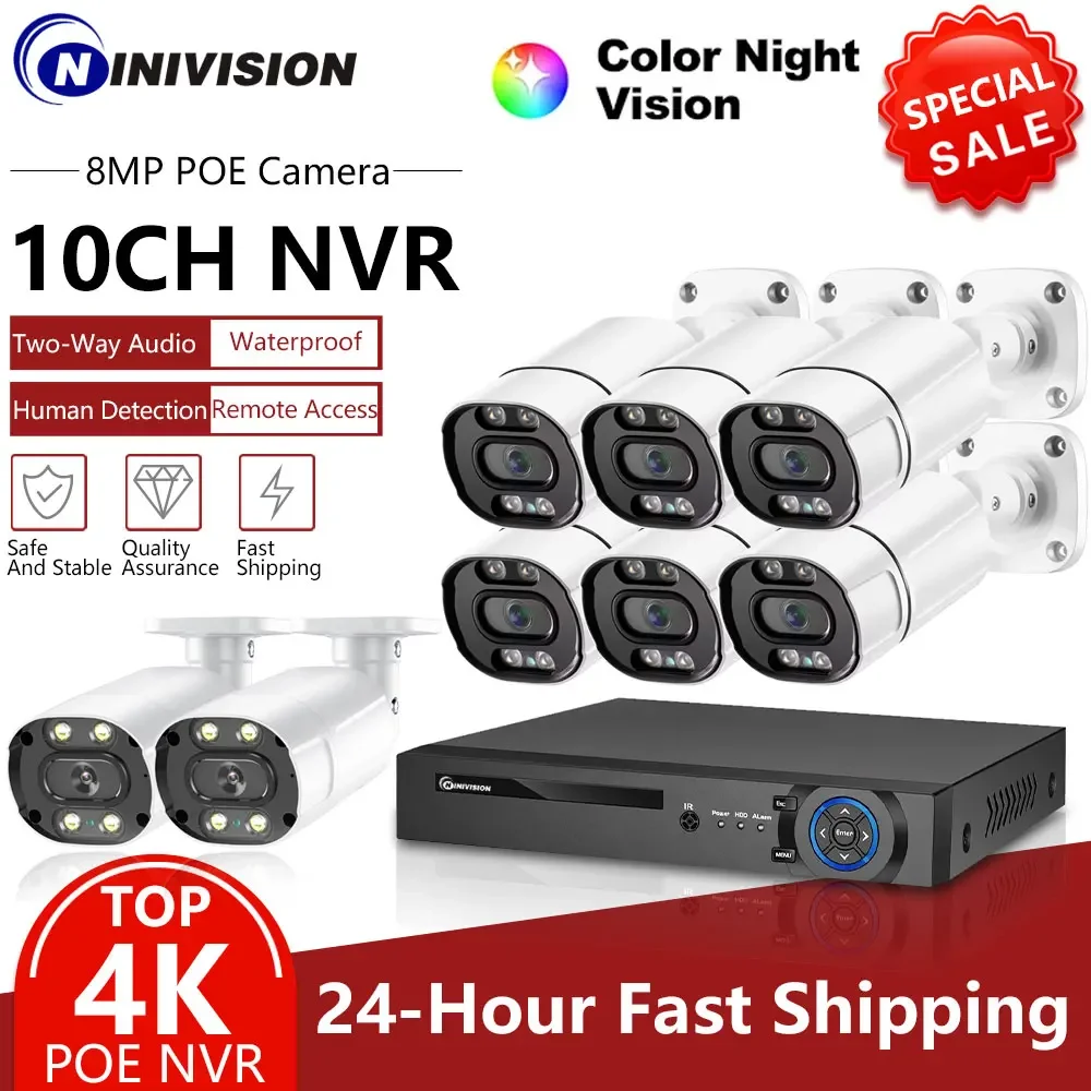 

4K POE NVR Kit 8CH 8MP 2 Way Audio Security Camera System Color Night Vision CCTV IP Bullet Camera Video Surveillance 4CH System