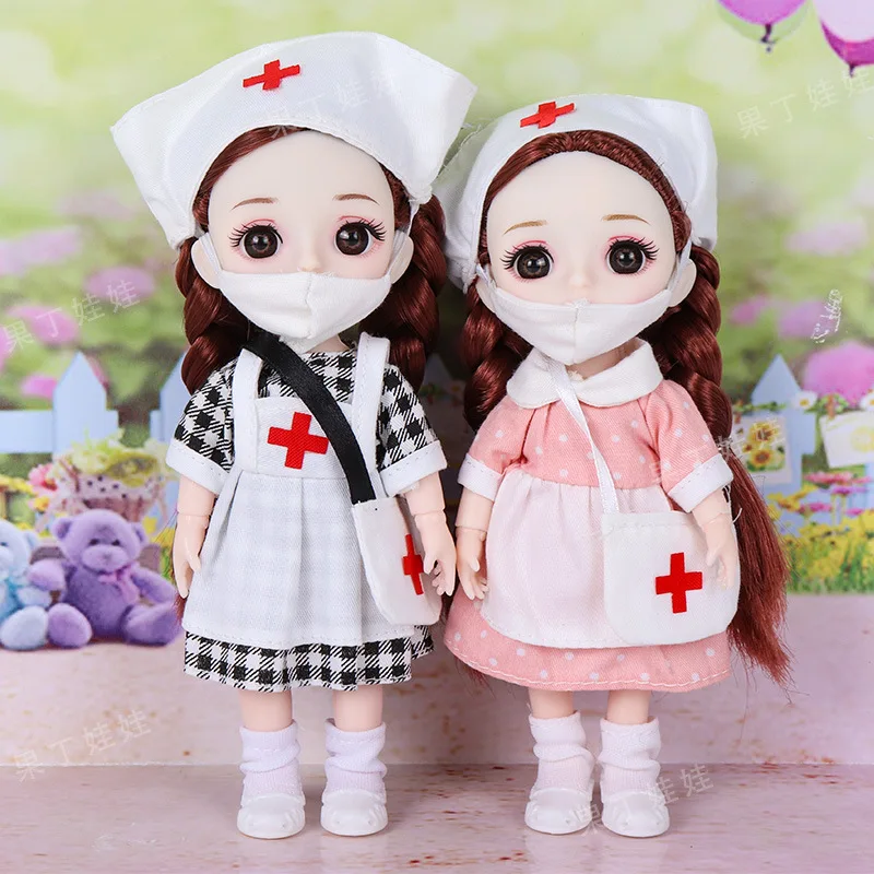 16cm Nurse BJD Doll Cute Girls Toys 13cm Movable Joints Children Dollhouse Pretend Play 1/12 Dress up Plastic Doll for Kids Gift