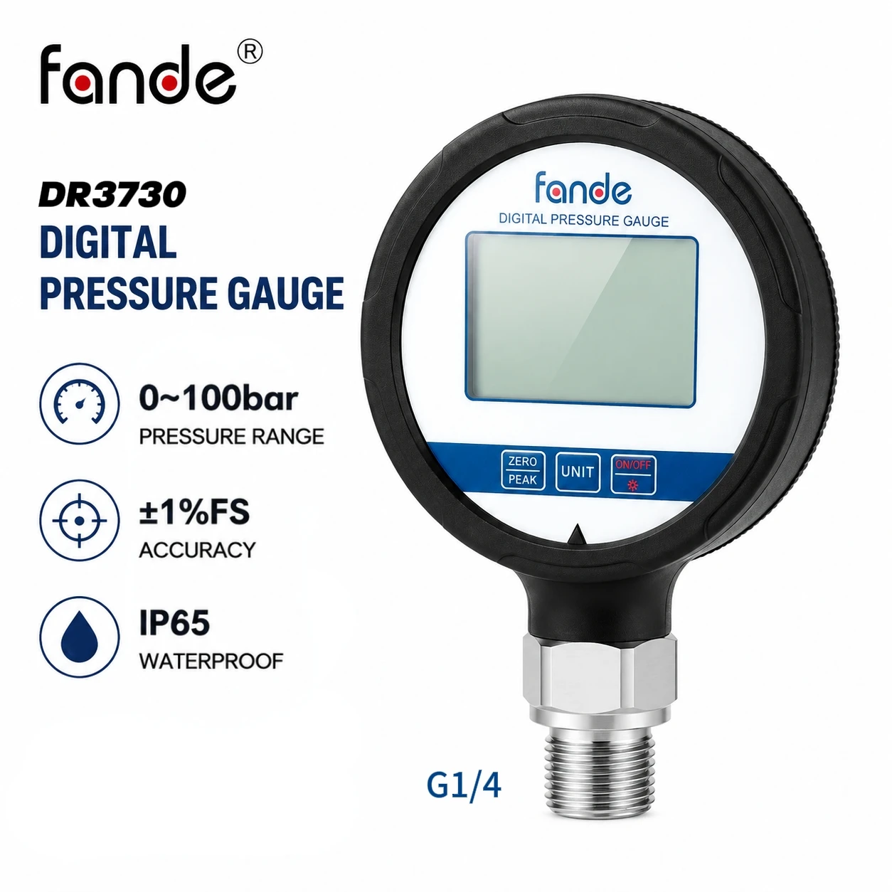 1% FS Digital Pressure Gauge 80mm LCD Backlight – G1/4 Thread, 4 Units Switchable, IP65 Waterproof for Hydraulic Water Air Oxyge