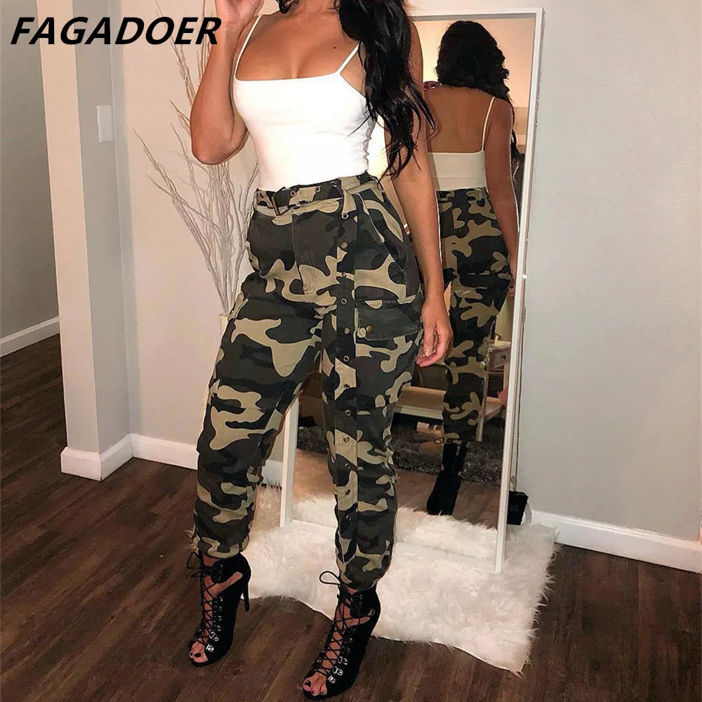 

FAGADOER Fashion Camouflage Printing Cargo Pants Women High Waist Button Sporty Trousers Casual Female Matching Clothing Bottoms