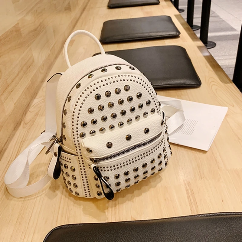 Vintage Rivet Studded Backpack Solid Color School Bag Waterproof Leather Satchel All-match for School University