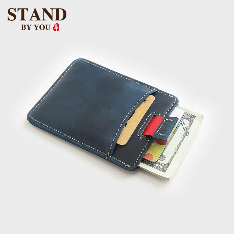 Vintage Genuine Leather Card Holder Wallet | Slim Cowhide Pocket Purse with Elastic Cash Clip | Retro Pull Tab Card Case for Men