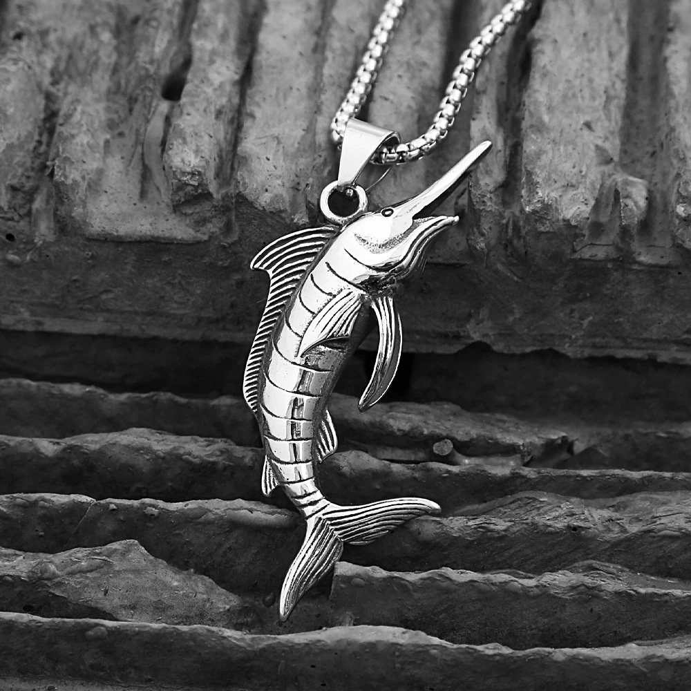 Punk Swordfish Pendant Necklace Men's Stainless Steel Animal Pendants Chain Locomotive Hip Hop Rider Biker Jewelry Wholesale