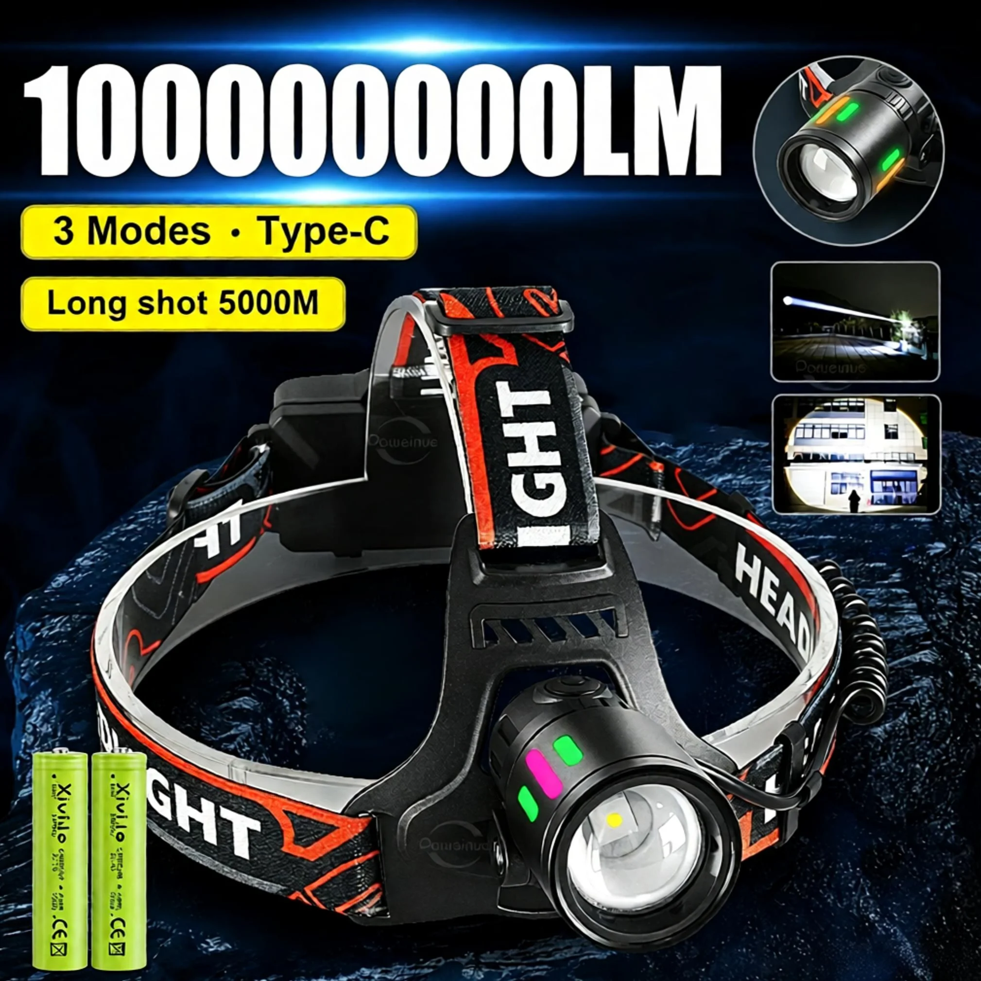 100000000LM Ultra Bright Headlamp Strong Light LED Head Flashlight Long Range 5000M Powerful Headlight Night Fishing Hiking Camp
