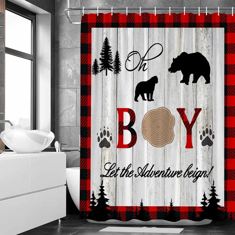 

JHB23Farmhouse Bathroom Decoration Shower Curtains Red Black Buffalo Plaid Pine Forest Wild Animals Farm Fabric Bath Curtain9Kj(