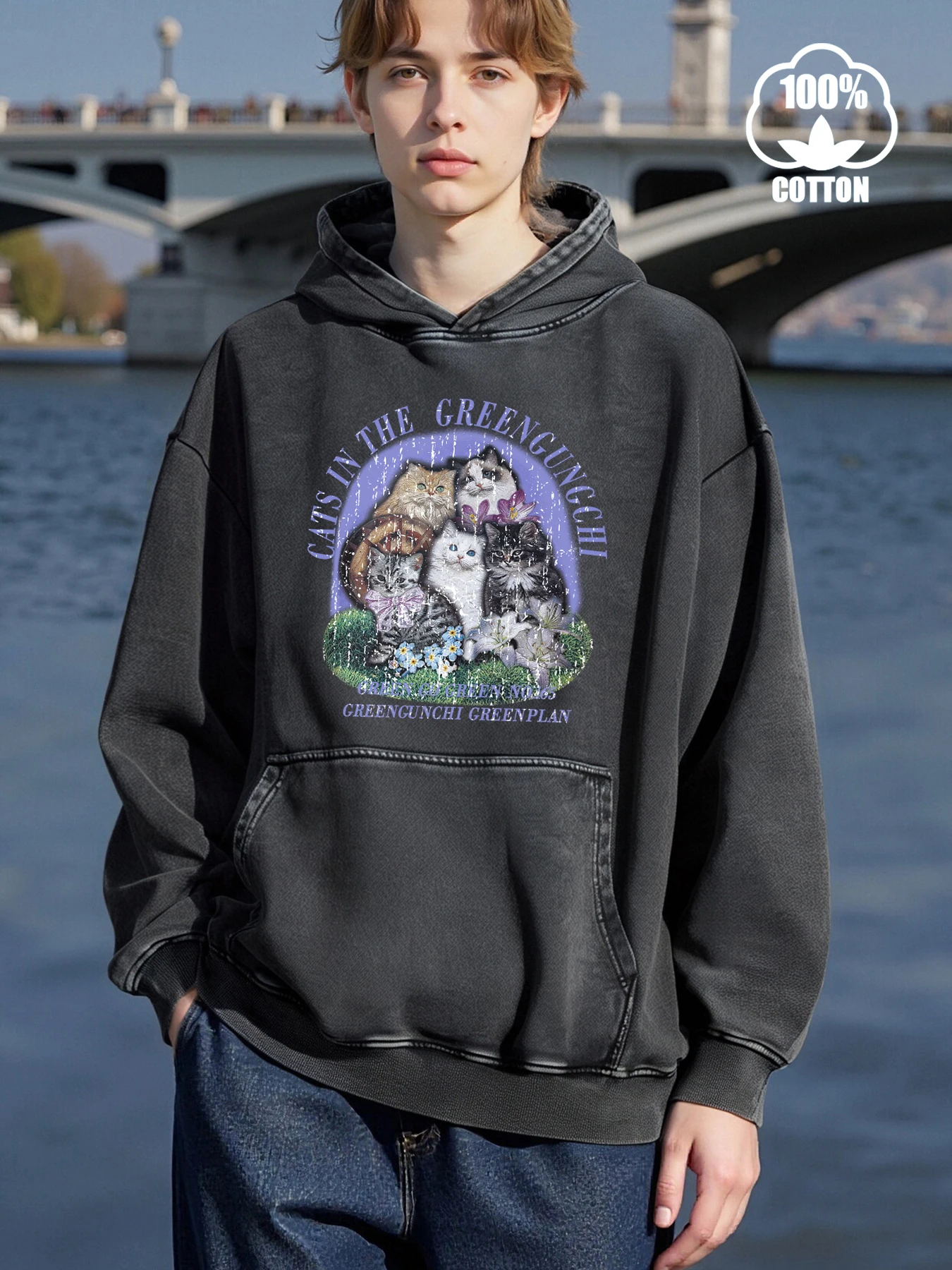 

Мужские потертые толстовки с принтом «Кот в Greengungchi», хлопковая уличная одежда большого размера, удобная мягкая толстовка с капюшоном, модная осенняя одежда