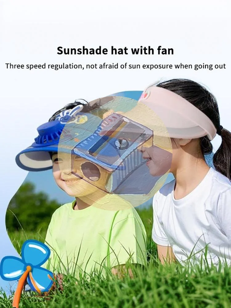 ▪Kids Cute Rabbit Sun Visor Hat Cooling Fan Solar Rechargeable UPF50 UV Protection For Summer Outdoor Play▪