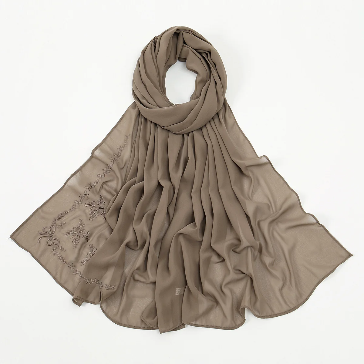 

New Bowknot Embroidery Long Scarf Chiffon Shawls Muslim Hijab Women Headscarf Wraps Turbante Bandanas Headband Bufanda Foulard