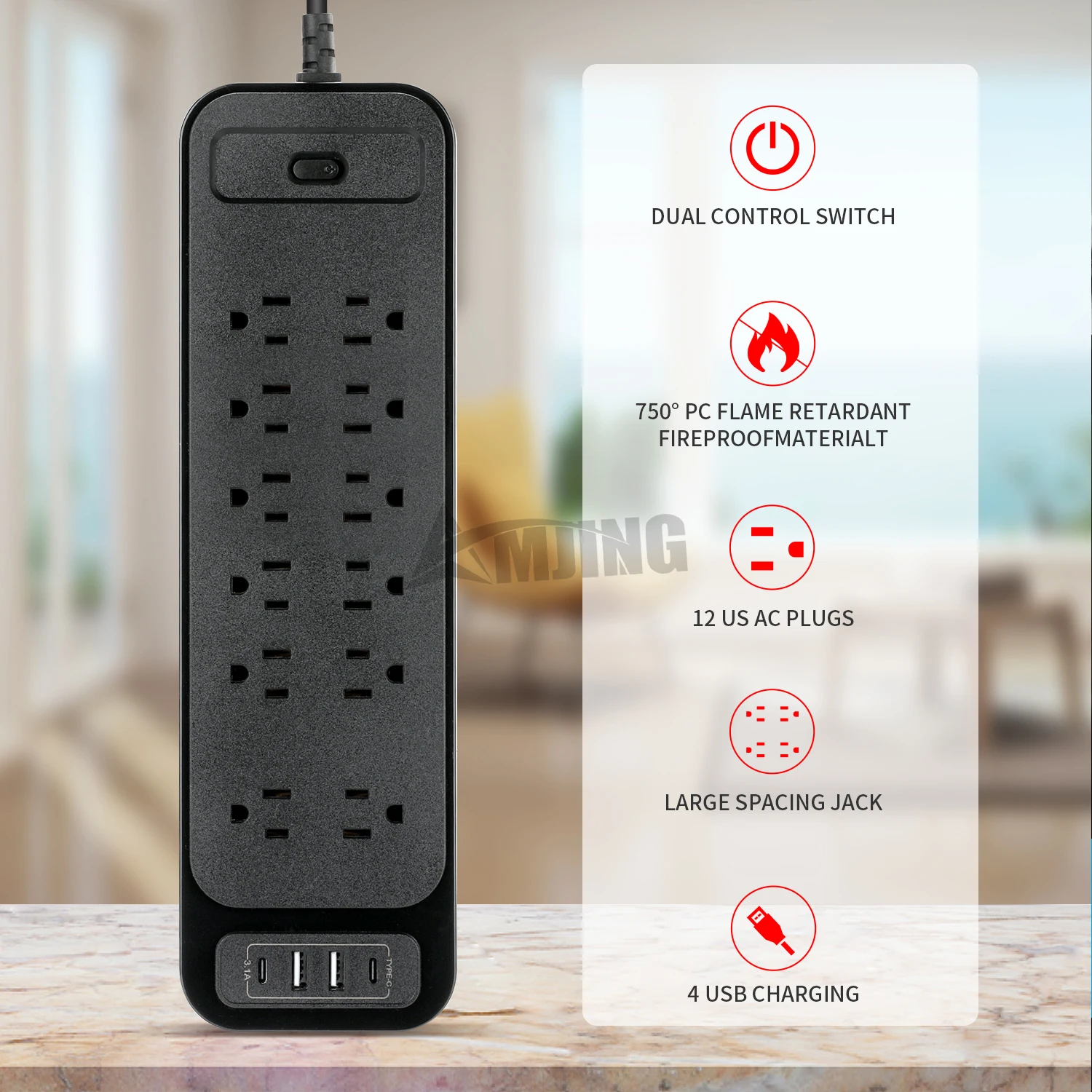 Imagem -06 - Power Strip com Controle do Interruptor 12 Saídas Portas Usb Soquete de Extensão Protetor contra Surtos de Fio Plugue Carregador de Escritório 2m us