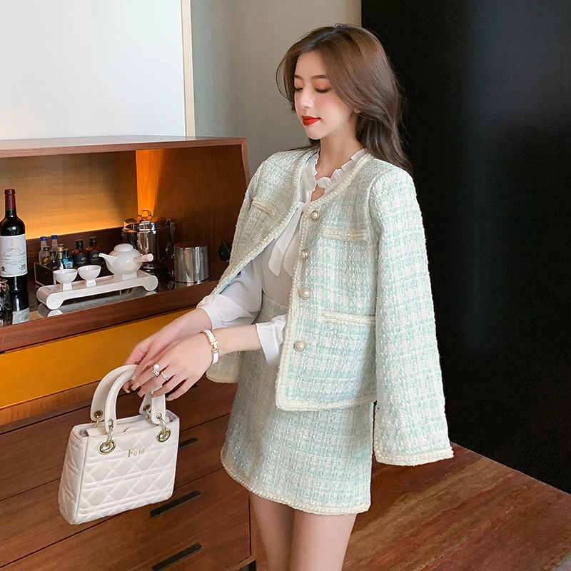 High Quality Tweed Jacket Coat Skirt Two Piece Sets Women Fall Winter Small Fragrant Beads Crop Tops+Bodycon Mini Skirt Suits