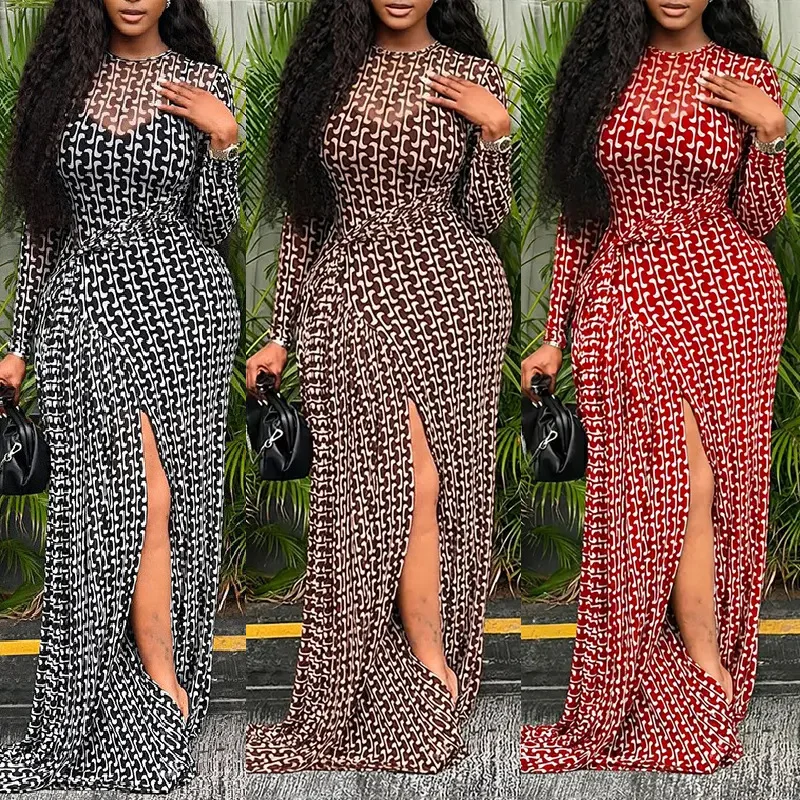 

Floor Length Dress Women Dresses Sexy Vestidos Y2k Streetwear Round Neck Full Sleeve Hip Wrap Elegant Print Party Night Work