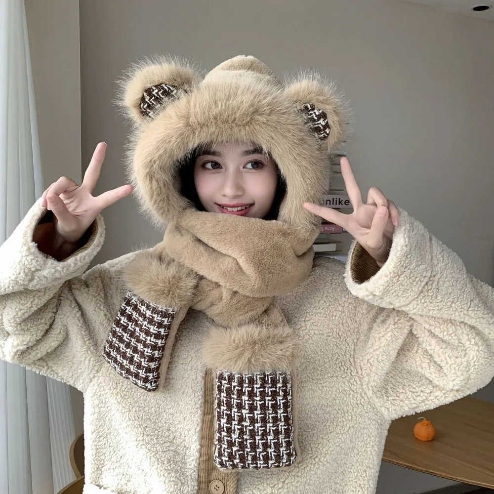 

New Thickened Plush Hat Scarf Gloves Set Winter Warm Ram's Horn Women Beanies Cap Cute Rabbit Ear Hat Cycling