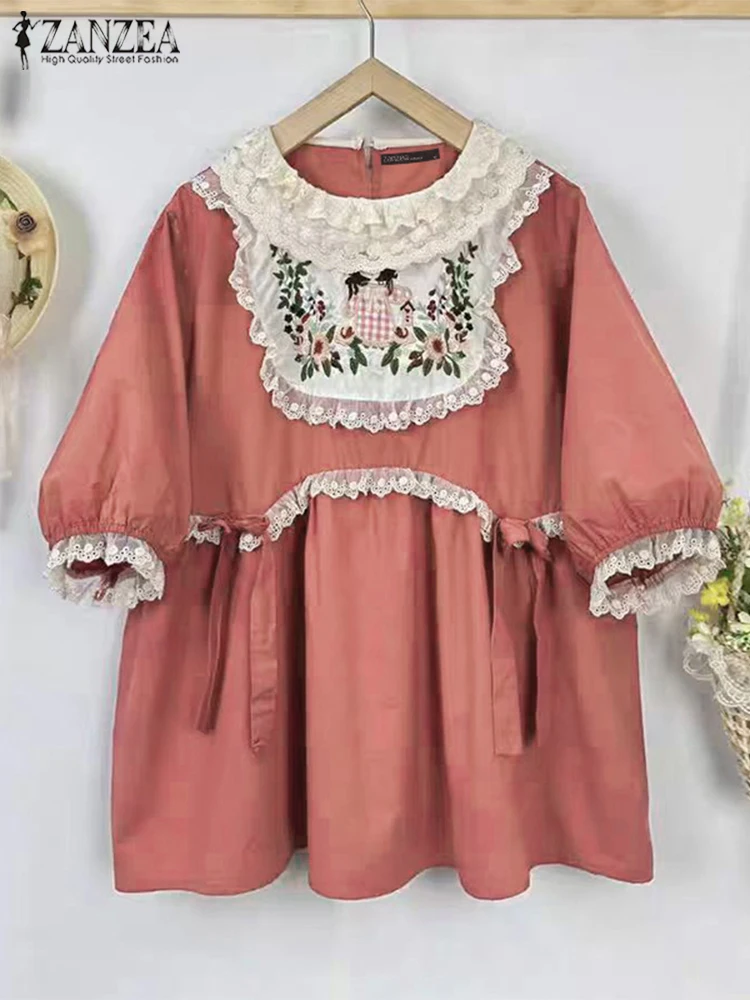 

ZANZEA Women Lace Blouse Half Sleeve Summer Tops Bow Spliced Printed Floral Blusas 2025 Casual OL Work Tunic O-Neck Pullover