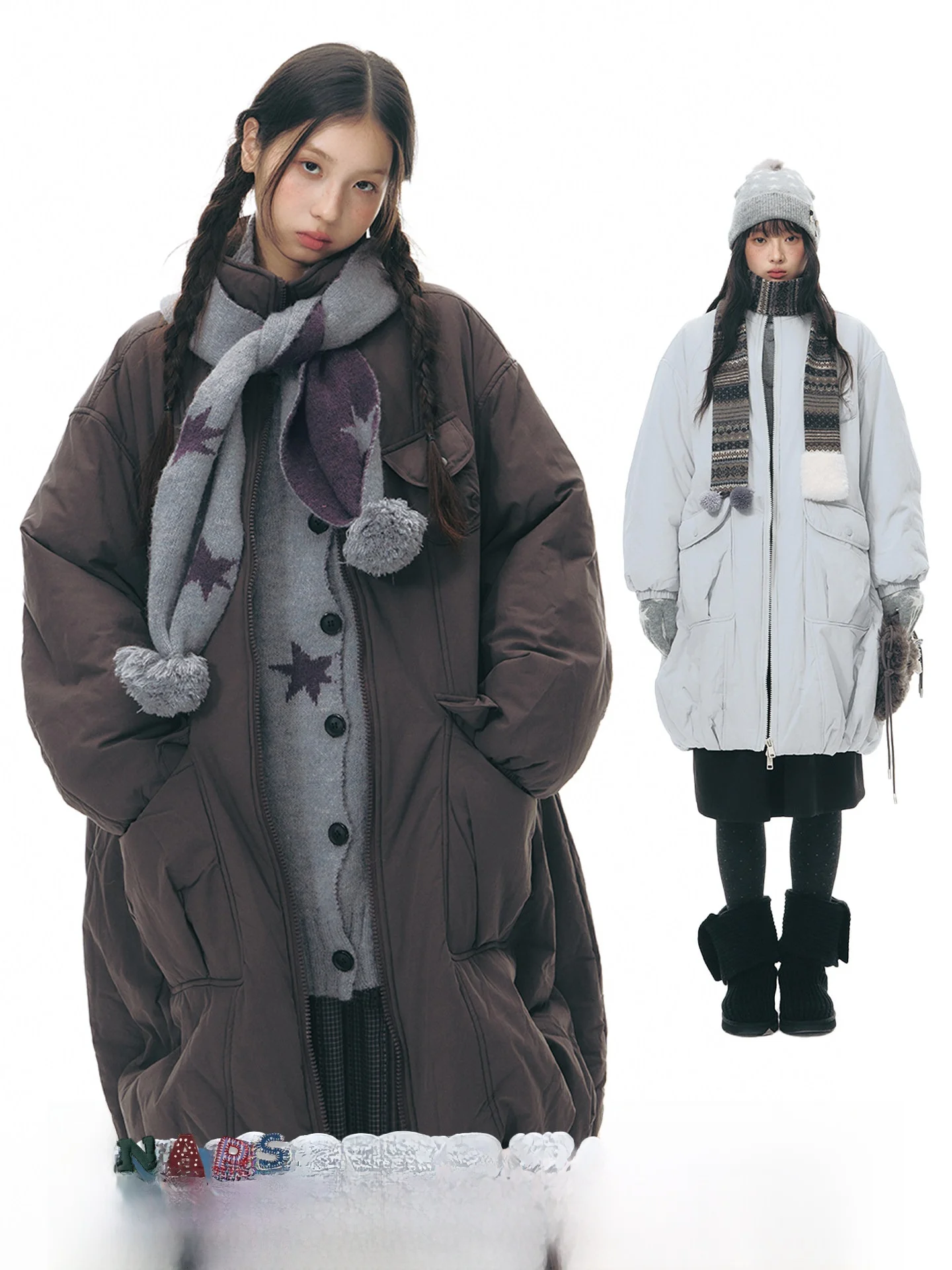 

TAKEANAP Winter Long Cotton Jaet Women's Warm Stand Collar Design ket Detail Straight Cut Sweet Sle Coat