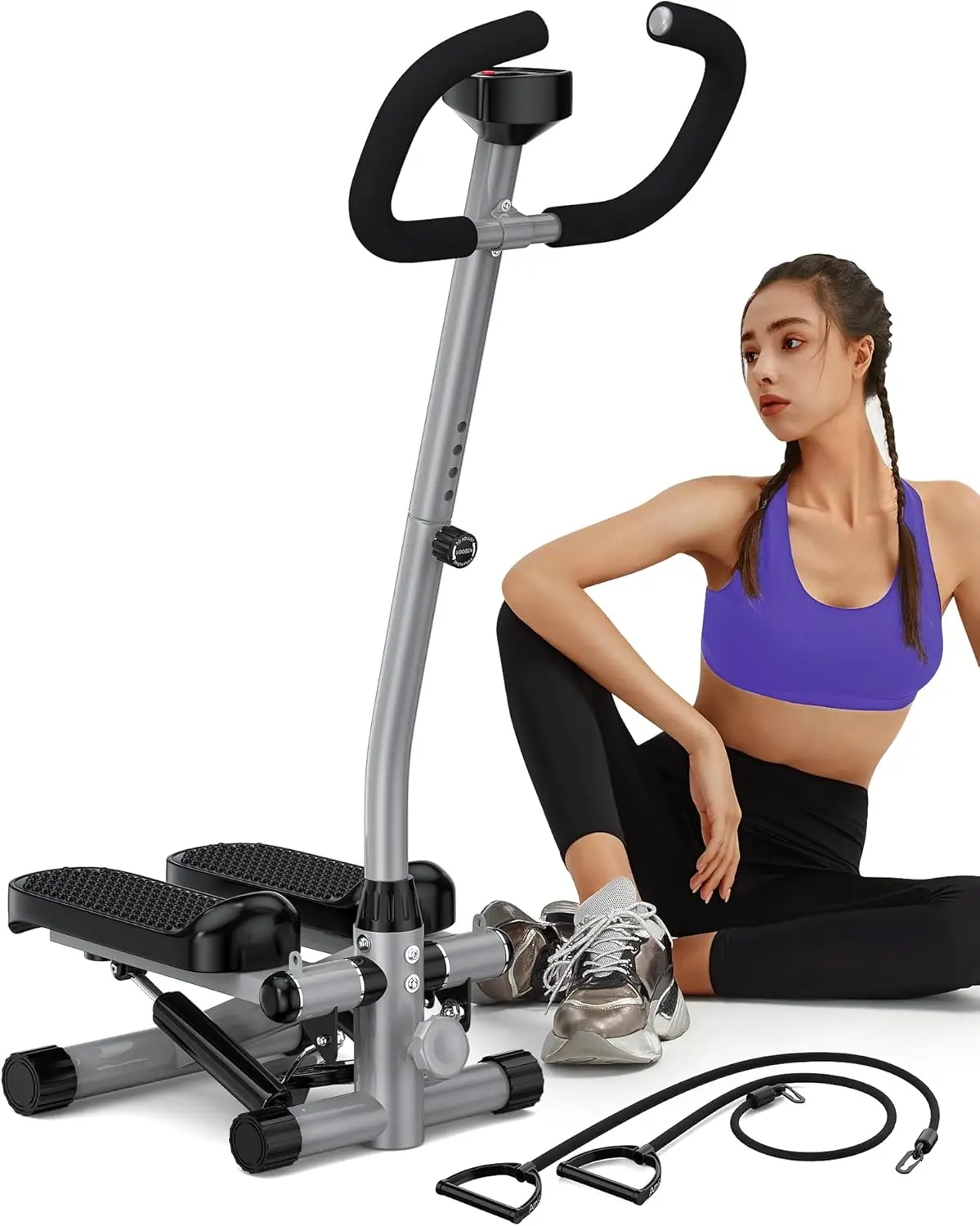 

Mini Stepper for Exercise, Adjustable Height Hydraulic Stair Steppers with Resistance Band for Home, 330lbs Weight Capaci