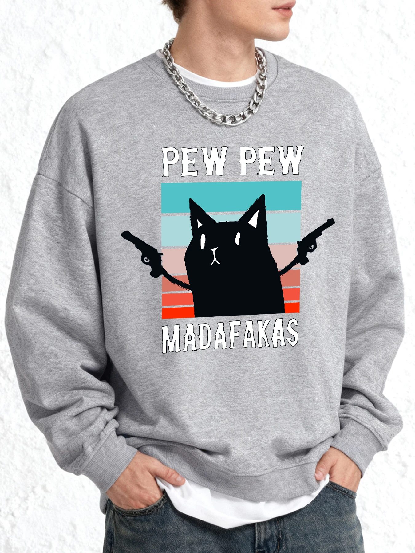 เสื้อสเวตเชิ้ตลายแมวพิมพ์ลาย Pew Pew Madafakas สำหรับผู้ชาย ไซส์ยุโรป สไตล์ลำลอง เนื้อผ้านุ่ม สปอร์ต คอกลม แนวเรโทร เสื้อผ้าฤดูใบไม้ร่วง ทรงโอเวอร์ไซส์