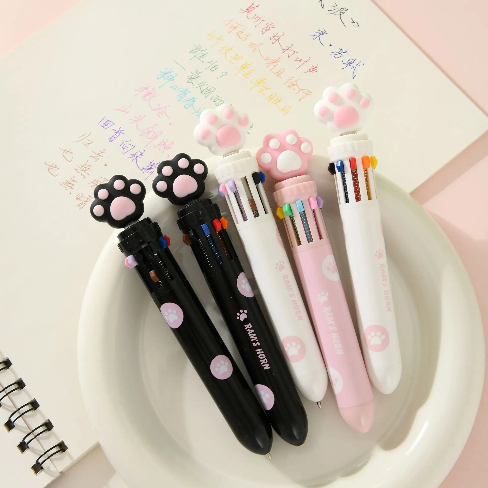 

10-in-1 Multicolor Kawaii Cat Paw Ballpoint Pen 0.7mm Retractable Colored Pen Drawing Marker Pens Office Student Supplies