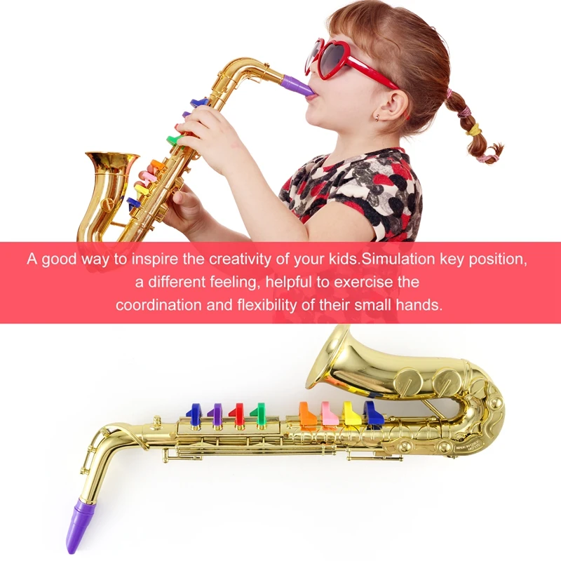 Saxophone Simulation Toy Props for Children, 8 teclas coloridas, mini musicais, instrumentos de sopro, festa de aniversário