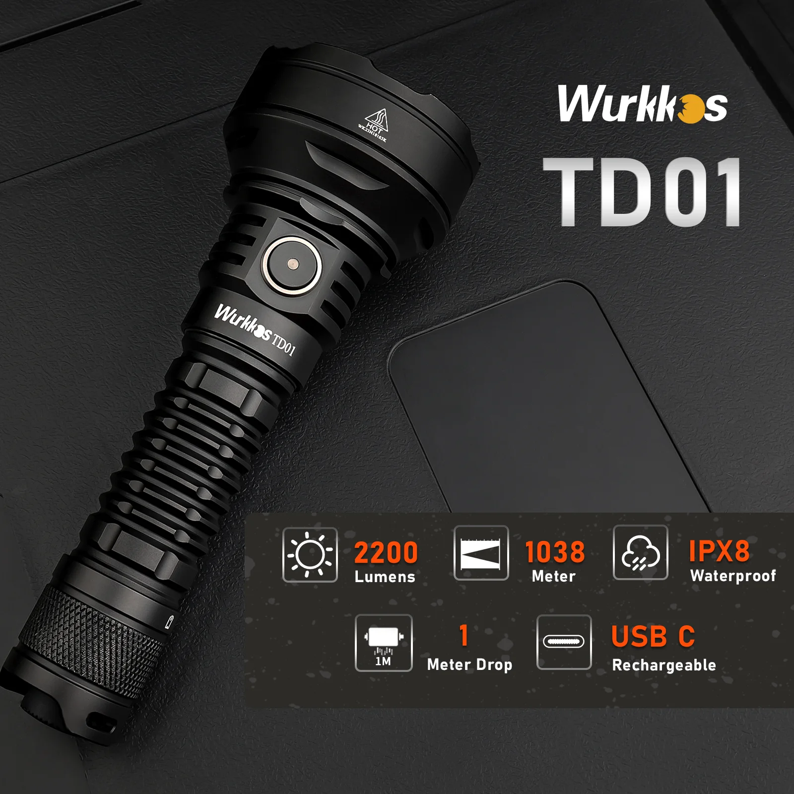 Wurkkos TD01 21700 Tactical Torch 2200LM High Power Rechargeable Flashlight IPX8 LED Torch 1039 Meters Self Defense Lighting