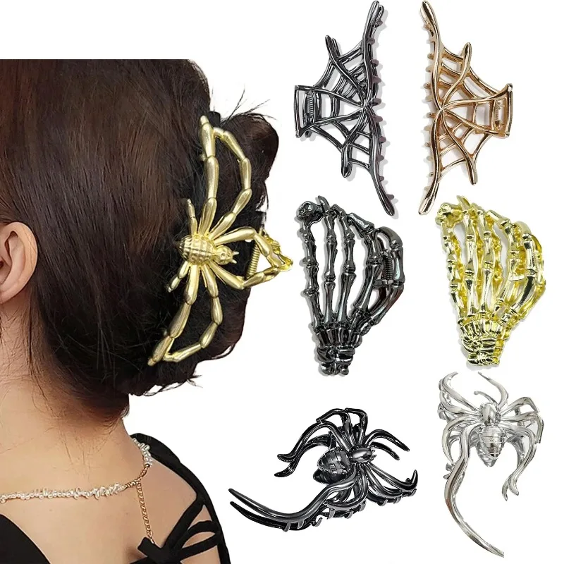 

New 2026 Halloween Spider Skeleton Hair Claw Clips for Women Jewelry Accessories Black Silver Gold Large Barrette Party Headwear