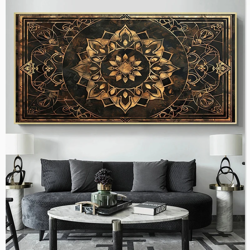 Modern Luxury Mandala Print Canvas Painting, Black Gold Mystery Mandala Tarot Wall Art, For Living Room Study Decor, No Frame