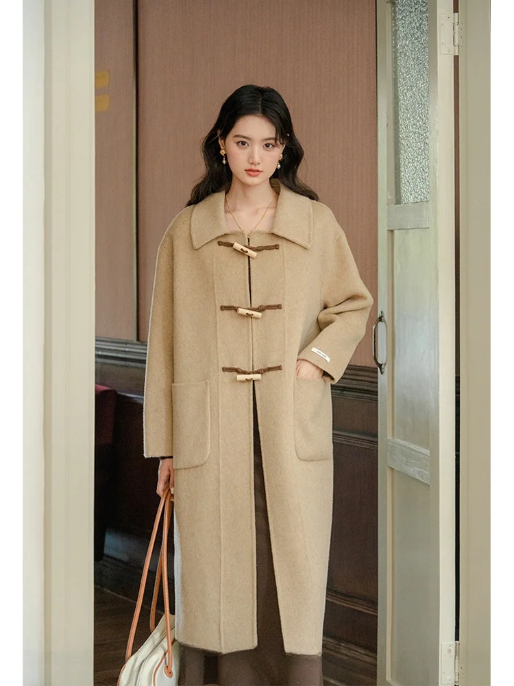 

Ele Double-Faced 80 Wool een Tweed Coat Women's Long Jaet Collar Button-Up Thiened Autumn Winter Outerwear
