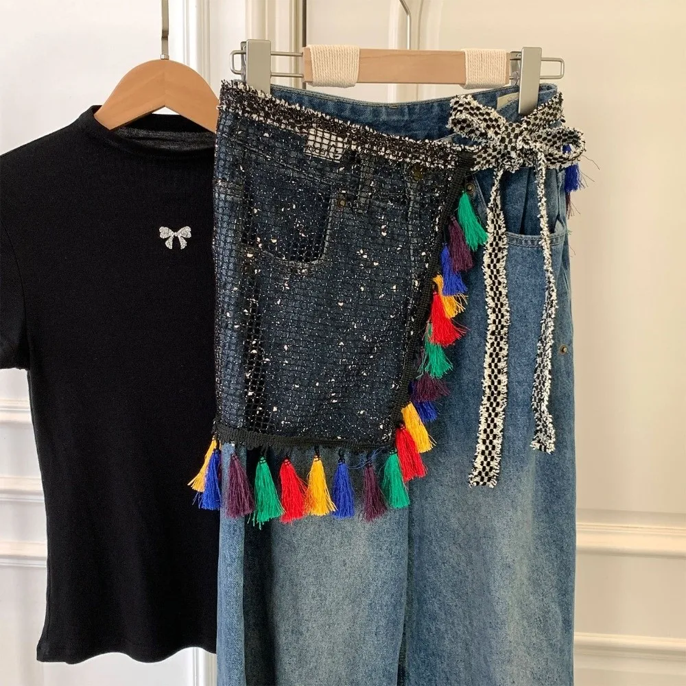 Y2K Mini Skirt Hollow Fringed Hip Panel Ethnic Style Versatile Decor Apron Wrap Skirt Retro Hip Curtain Dress Accessories