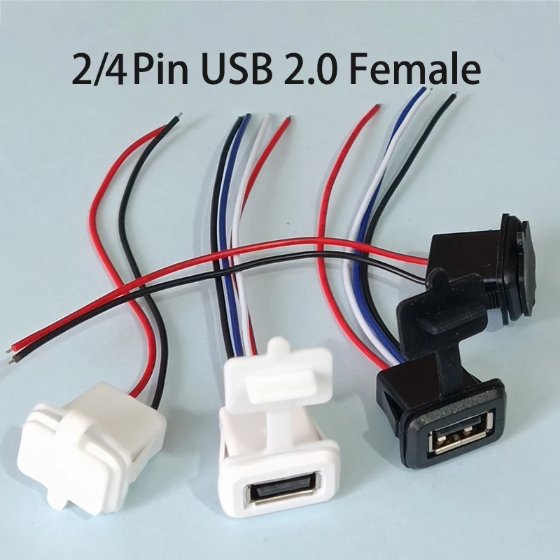 1PCS USB 2.0 Waterproof Wire Type Female Power Jack 2/4Pin Connector Lamp Toy Charging Port Mobile Phone Data Charging Port