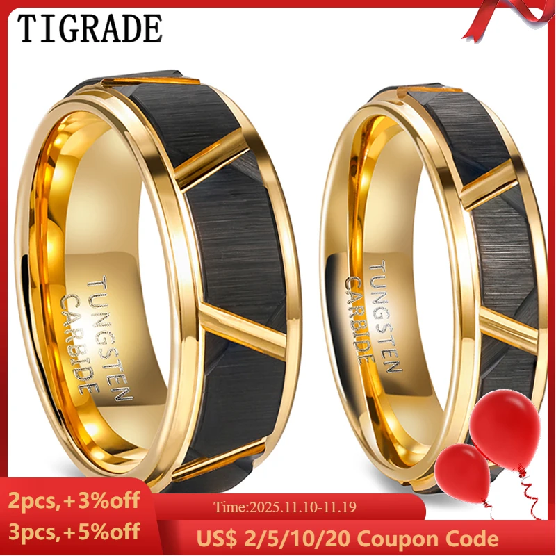 

Tigrade 6mm/8mm Mens Tungsten Rings Groove Beveled Edge Pattern Brushed Black Gold Color Wedding Bands Engagement Ring