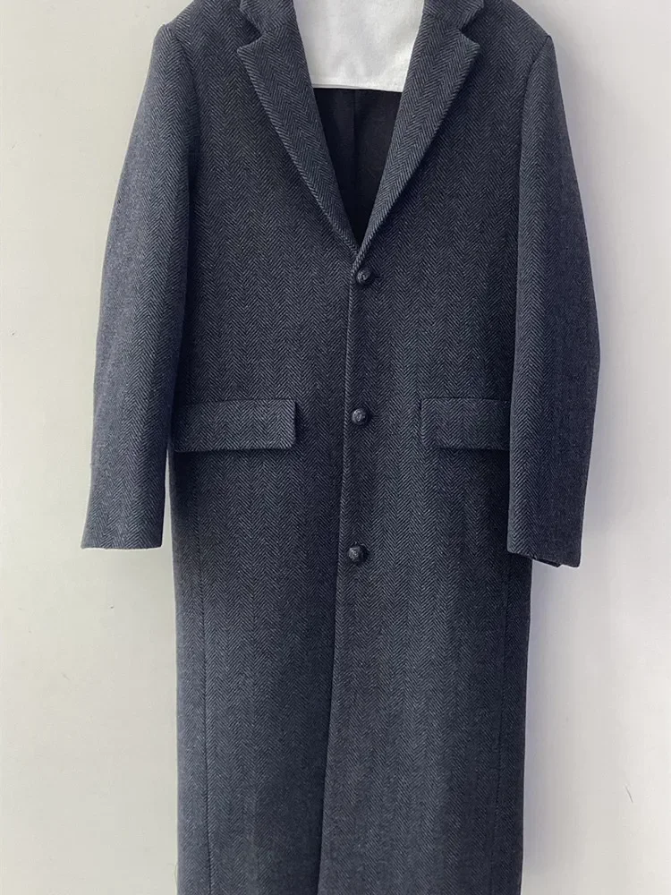Herringbone Women Autumn Winter Mid-Length Coat Solid Color Long Sleeve Single Breasted Fashion Jacket Spring New