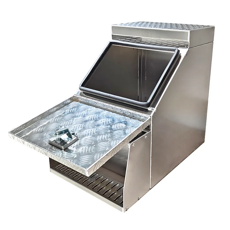 Aluminum Truck Step Tool Box with Anti Slip Checker Plate, Underbody Storage Case for Pickup Cargo Bed and Trailer, Welded