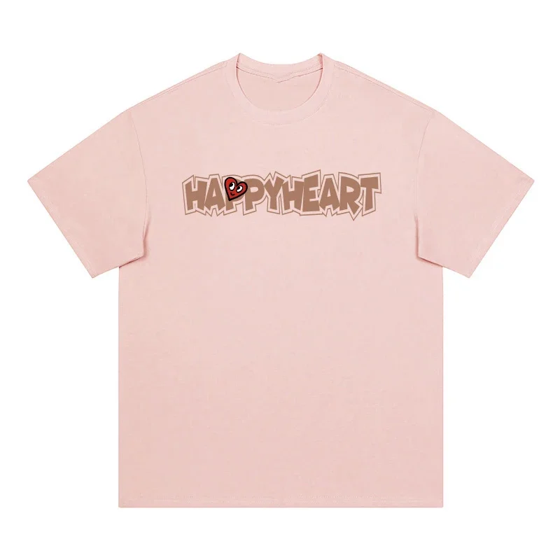 “Happy Heart” Printed Cotton T-Shirt Women Fashion Oversize HipHop Couple Clothes Personalized Pattern Short Sleeve High Quality