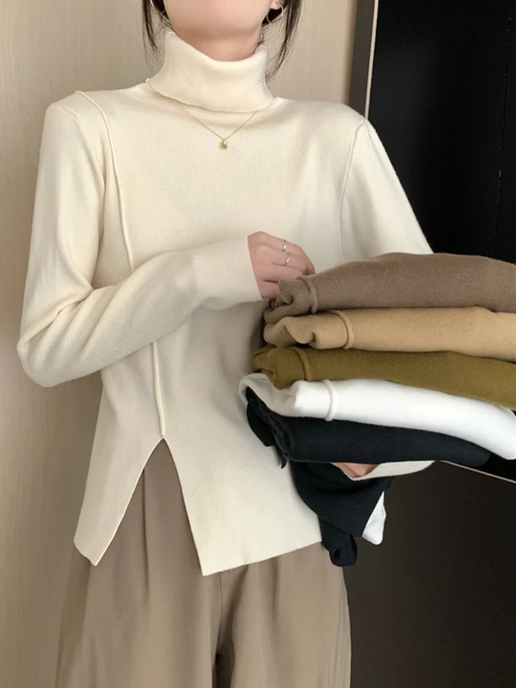 

2025 Autumn Winter Long Sleeves Slimming Sweater Turtleneck Sweater Women's Side Slit Warm Base Layer Top Solid Color Pullover