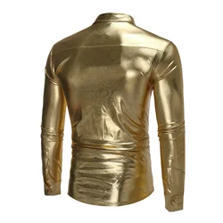 Winter Autumn Men Leather Shirt Nightclub Coated Metallic Silver Gold Black Men Shirt Long Sleeve Button Down S-XXL