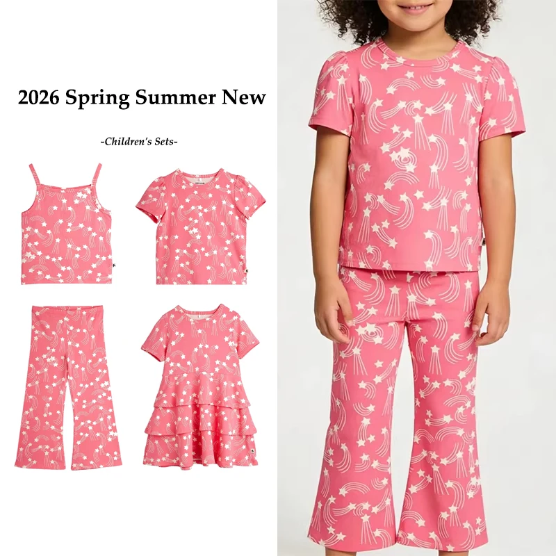 

2026 Summer MINI Brand Star Series Children's Suit Girls Full of Star Patterns Suspenders Flared Pants Stylish Children's Sets