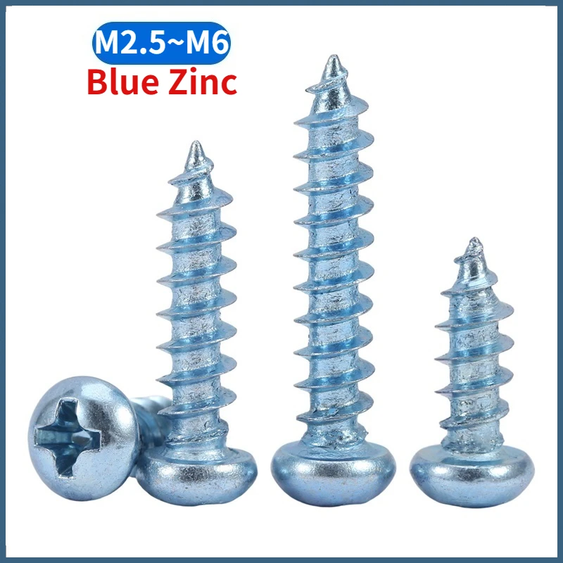 M2.5 M3 M4 M5 M6 Blue Zinc Plated Carbon Steel Phillips Pan Round Self Tapping Wood Screws
